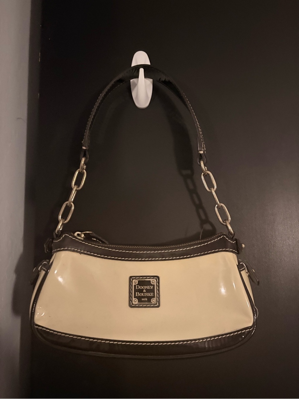 Dooney & Bourke Cream and Brown Patent Leather Shoulder Bag